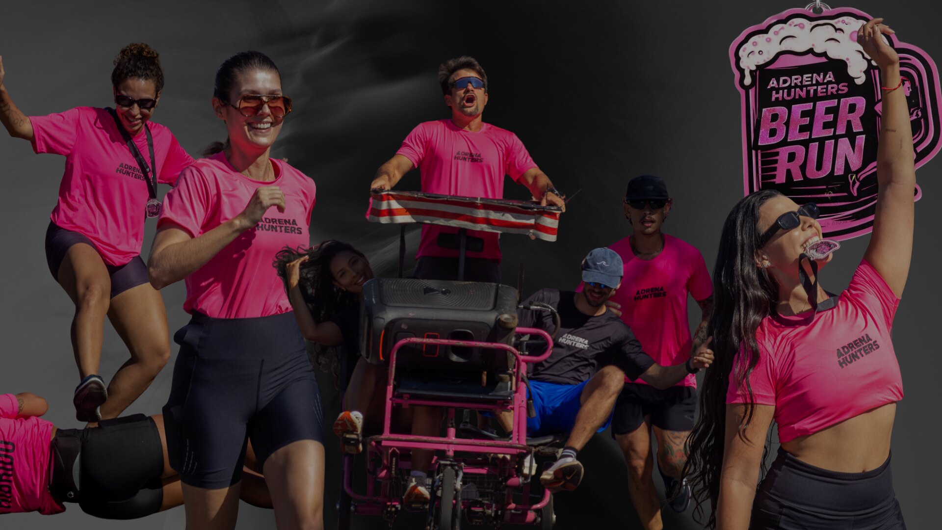 A turma da Adrena Hunters no Beer Run, de camiseta rosa, com a medalha da edição