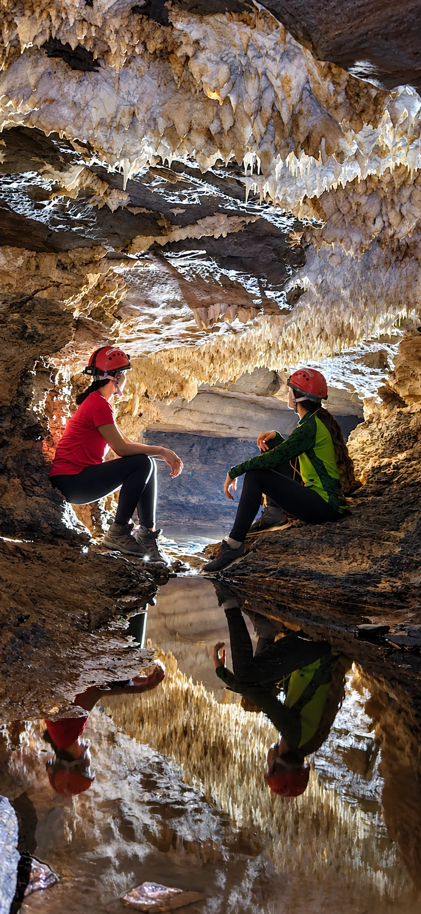 Participantes com capacetes em uma caverna de Mambaí